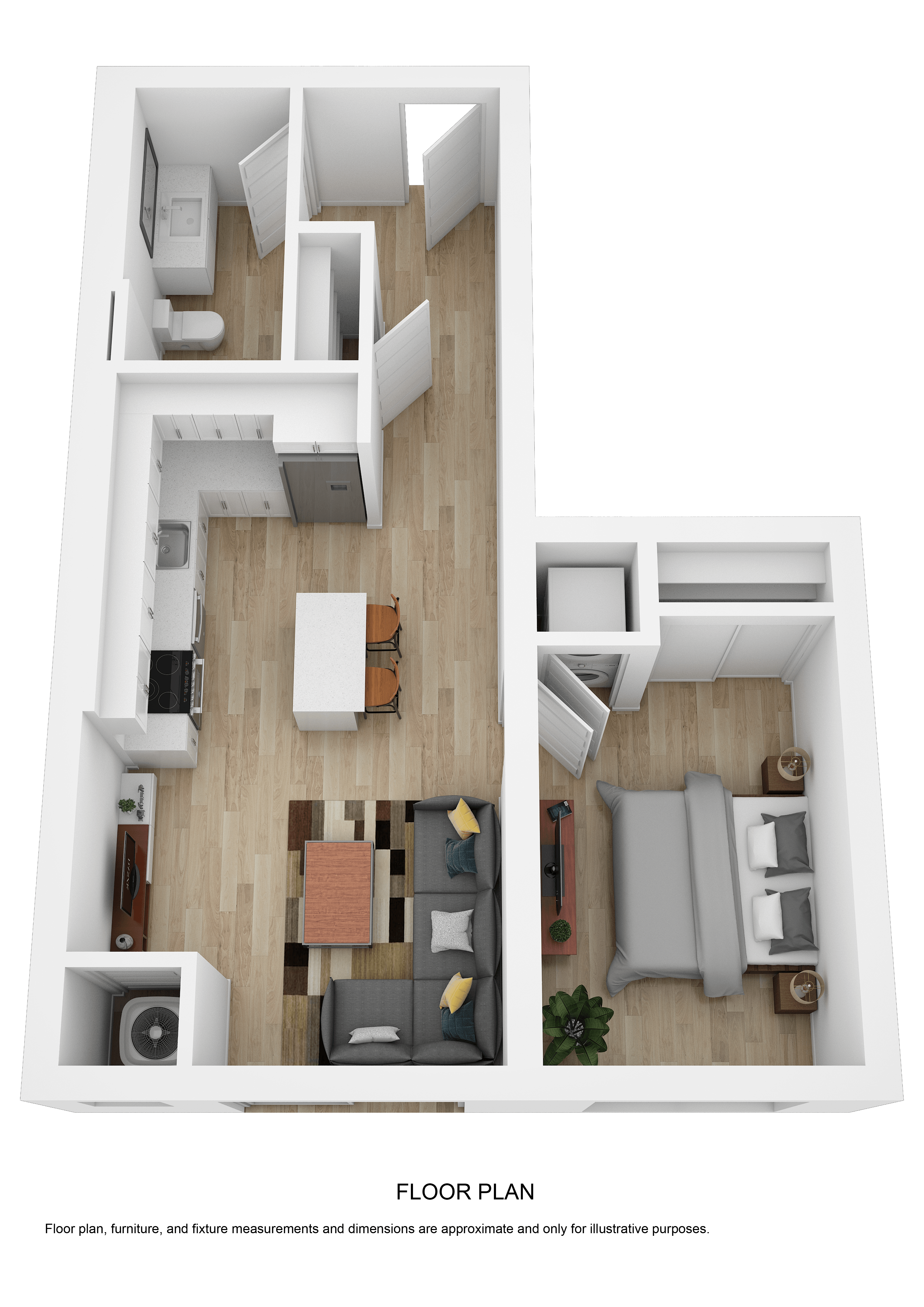 Floor plan for 1 bed, 1 bath, 604 sqft